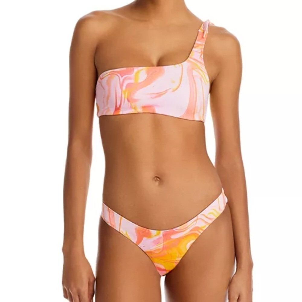 AQUA Pink Orange White Swirl One Shoulder Bikini Top Bottom Set Medium